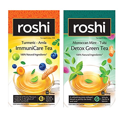 Image of Roshi Rejuvenation Pack | (50 tea Bags)| Detox Green Tea and ImmuniCare Tea for Complete Detox and Improved Immunity | Enriched with Moroccan Mint, Tulsi, Turmeric, Amla & Blueberry