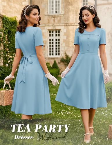Image of Wedtrend 1950's Vintage Dresses for Women Modest Church Dress with Pockets Short Sleeve Tea Party A-Line Cocktail Dresses