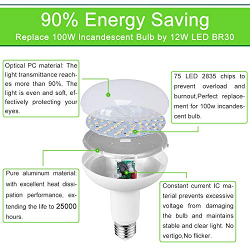 BR30 Led Flood Light Bulbs Indoor Outdoor, 12W=100W, 3000K Warm White, 1200 Lumens, E26 Base Recessed Can Light Bulbs, Not Dimmable, (4-Pack) - Image 4