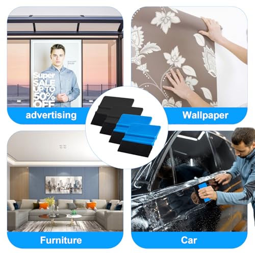 4 Stück Rakel für Folienrakel mit Filzkante, Karte Filzrakel, Folierungs Werkzeug Set, Auto Folienrakel Set für Möbelfolie Autofolien Fensterfolie Tönungsfolie Schutzfolien, mit 4 Filz Nachfüllungen