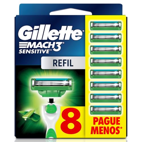 GILLETTE Mach3 Sensitive Carga para Aparelho de Barbear Reutilizável , 8 Refis com Aloe, Barbear Rente com Menos Irritação para Homens com Pele Sensível
