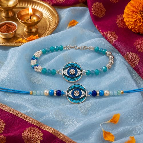 Image of CraftVatika Evil Eye Rakhi Set for Brother Bhaiya Bhabhi, Designer Bhaiya Bhabhi Rakhi Gift Combo Set, Rakhis for Rakshabandhan, Couple Pair Raki, Fridge Magnet Gift with Best Wishes Card Tillak