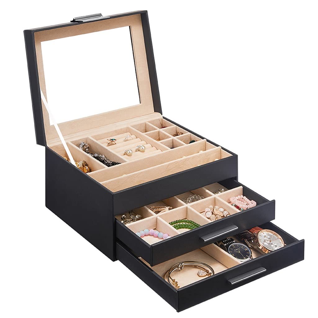 TIANQIHAO Jewelry Box Jewelry Box With Glass Lid, 3-Layer Jewelry Organiser With 2 Drawers, Jewelry Case Jewelry Display Storage Gift For Women Jewellry Holder,A