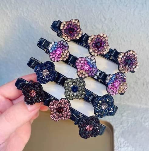 4Pcs Satin Fabric Hair Bands, Clover Rhinestone Hair Clips, Braided Hair Clip with Rhinestones, Ladies Ponytail Fixer, Duckbill Hair Clips with Rhinestones for Women (4PC)