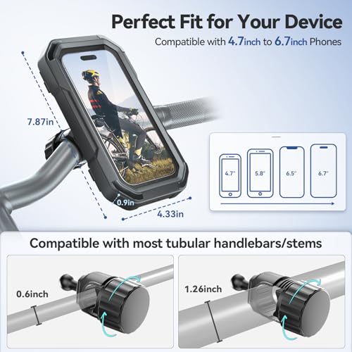 Image of KDD Waterproof Bike Phone Holder - 360 Rotation Motorcycle Phone Mount, Fully Enclosed Touch Sensitive Design, Bicycle Phone Clamp Compatible with iPhone 16 Pro Max /15 /14 /13 /12,4-6.7 inch Phones
