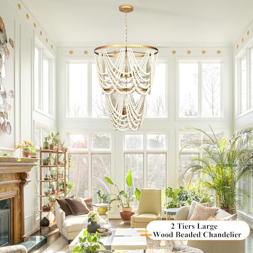 AyshwillDec 12-Light 25.6" Boho Wood Beaded Chandelier for Living Room, H88 Adjustable 2-Tier Gold Large Boho Chandelier for Entryway, Dimmable Coastal Chandeliers for Bedroom Foyer Staircase - Image 2