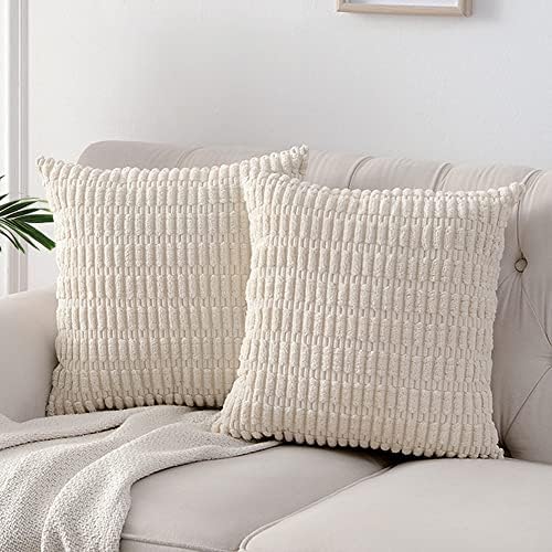 Fancy Homi 2 Packs Boho Decorative Throw Pillow Covers 18x18 Inch for Living Room Couch Bed Sofa, Rustic Modern Farmhouse Home Decor, Soft Corduroy Cream Square Cushion Case 45x45 cm