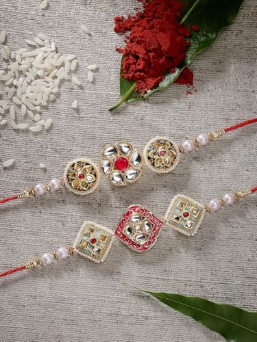 Image of Sukkhi Rakhi Traditional Kundan & Pearls Designer Meenakari Gold Plated Premium Rakhi for Brother with Roli Chawal & Greeting Card | Rakhi for Brother /Bhaiya /Bhai /Men|Rakhi Combo-Set of 2