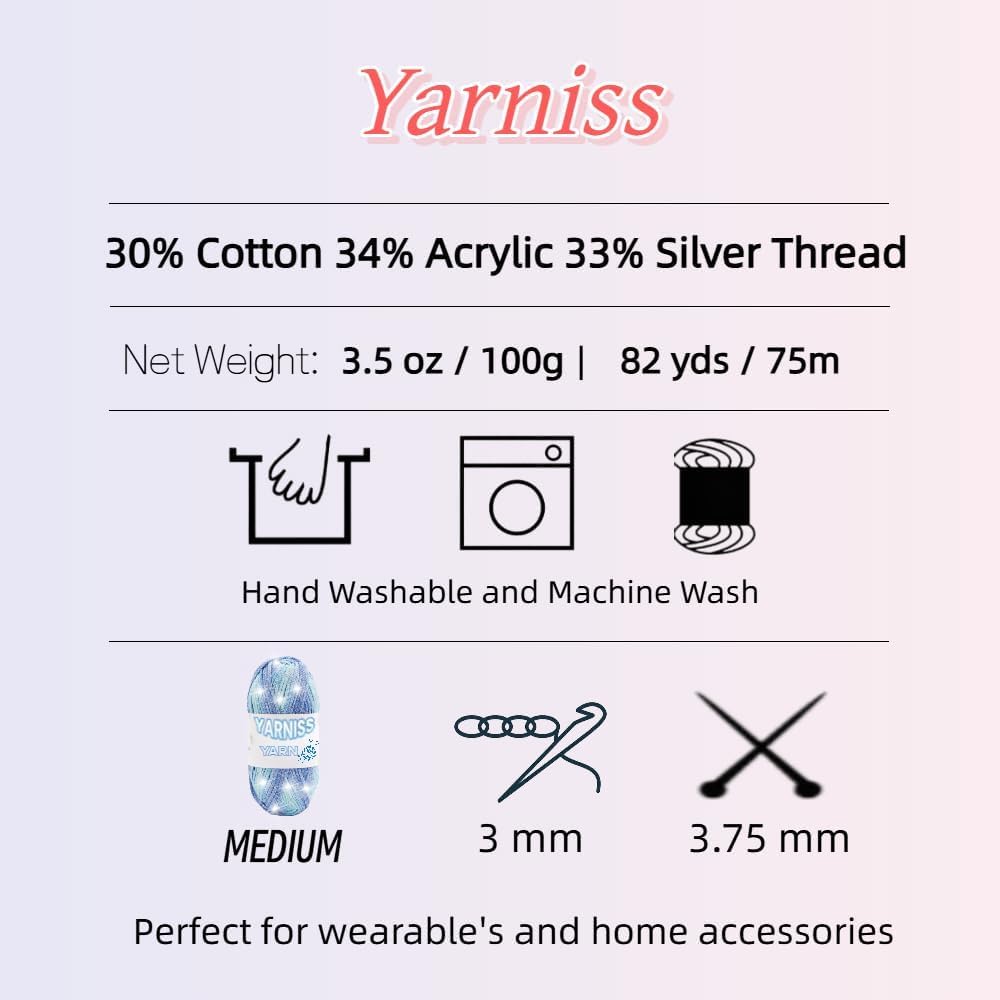 Yarniss Sparkle Yarn for Crochet,Metallic Glitter Knitting Yarn,2.5mm Cotton Yarn 3 Skeins of 100g/82yds(Blue)