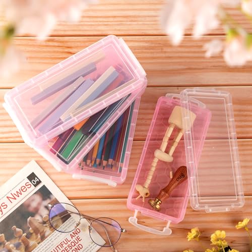 Image of Gueevin 24 Pcs Large Capacity Plastic Pencil Box Clear Plastic Pencil Case Crayon Box with Snap Tight Lid Watercolor Pen Storage Brush Organizer Drawing Tools Container (Light Pink)