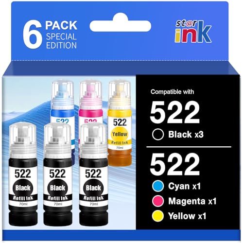 522 Ink Refill Bottles High Capacity (6 Bottles) ET-2800 ET-2400 ET-4800 Replacements for Epson 522 Ink Compatible for Epson Ecotank ET-2800 ET-2400 ET-2803 ET-2720 ET-4700 ET-4810 ET-4800 Printer Ink