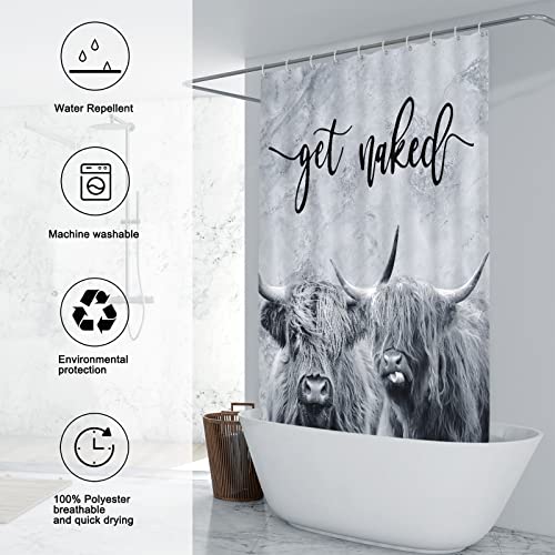 Gixige Marble Highland Cow Shower Curtain, Get Naked Western Country Farmhouse Style, Funny Longhorn Rustic Bull Hairy Cattle Animal Print, Modern Bathroom Decor Set, With 12 Hooks 60 X 72 Inch Grey #TOP1