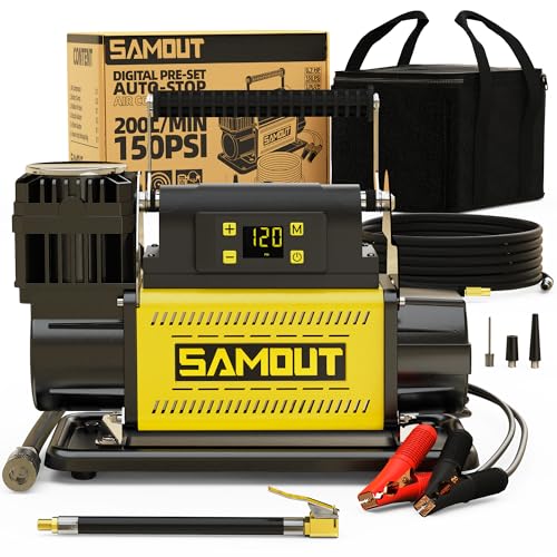 Image of SAMOUT 12V Digital Air Compressor, Offroad Portable Inflator 7.06 CFM, Air Pump Max 150PSI for Heavy-Duty Tires, with LCD Control Panel to Preset Target Pressure, 4x4 Vehicle, SUV, RV
