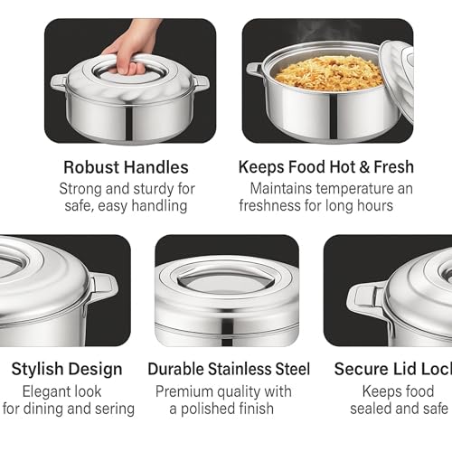 Image of Stainless Steel Double Wall Insulated Hotpot with Lid, 1 Liter Capacity, Keeps Food Hot & Fresh, Durable Heavy Duty, Ideal for Rice, Curry, Biryani, Chapati - Silver