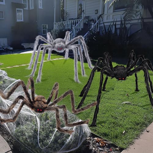 Image of JOYIN 3 Pcs Halloween Spiders Outdoor Decoration, Halloween Decor Outside, Fake Hairy Giant Spiders for Yard Lawn Porch Decor Indoor Haunted House Scary Prop (59″Black, 47″ Brown, 35″ Grey)