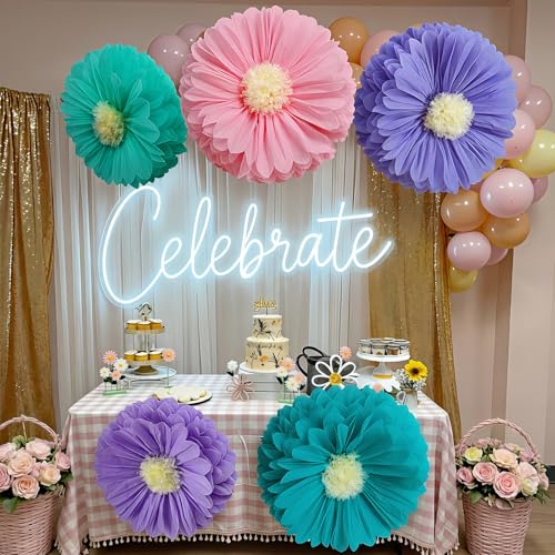 Image of Chunful 5 Pcs 30'' 24'' Gaint Colorful Paper Flower Boho Hanging Tissue Paper Flowers Wall Decoration Large Pink Blue Purple Large Crepe Flower for Baby Shower Wedding Birthday Classroom Bridal Shower