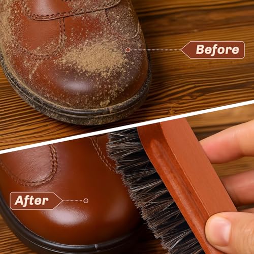 Image of 4 Pcs Horsehair Shine Shoes Brush Kit Polish Dauber Applicators Cleaning Leather Shoes Boots Care Brushes Suede Cleaner Brush with Microfiber Shoe Cloth(Brown Style A)