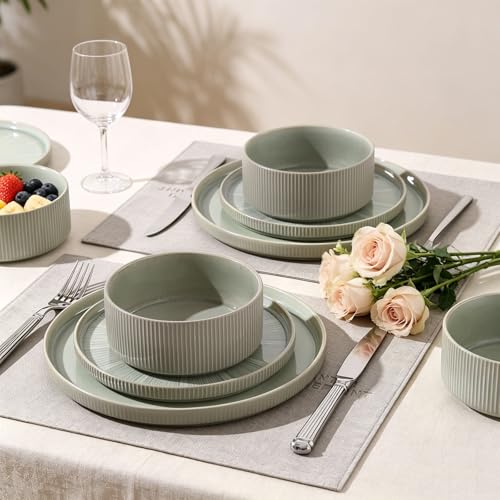 Image of Dinnerware Sets, Ceramic Plates and Bowls Set 12 Piece Dinnerware for 4 Chip Resistant Stoneware with Advanced Inkjet Printing Technology, Dishwasher and Microwave Safe-Sage Green