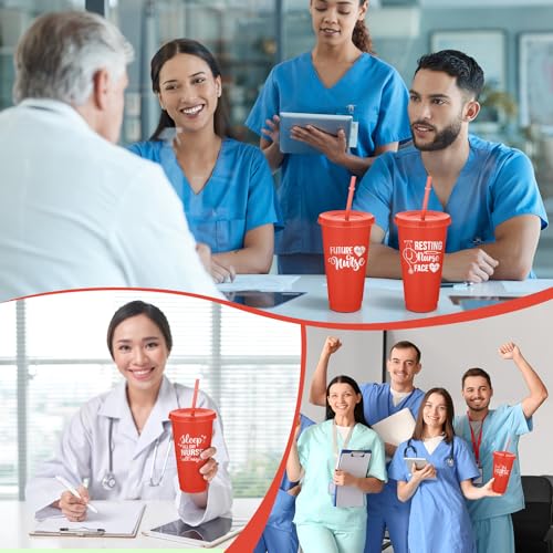 Skylety 24 Pcs 24oz Nurse Appreciation Cups Thank You Tumblers with Lids and Straws Plastic Coffee Mugs Cups Bulk Appreciation Gifts for Nurse Staff Valentine's Day Favor Gifts (Red) by Skylety - Image 5