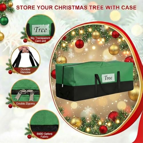 Image of Christmas Tree Storage Bag, Fits 8 Ft Artificial Trees, Green | Wide Dual-Zipper Opening, Reinforced Handles, Clear Label Pocket, Tear-Resistant 600D Oxford, Dust and Moisture Protection