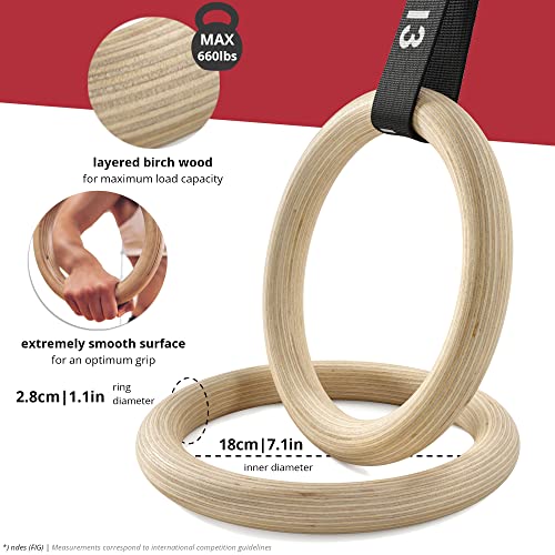 Gymnastic Rings Set Wood + Door Anchor Attachment, Exercise Ebook & Safety Straps + Length Markings | Wooden Olympic Gym Gymnastics Athletic Fitness | Home Workout Muscle Training (Gym Rings - Eu) #TOP2