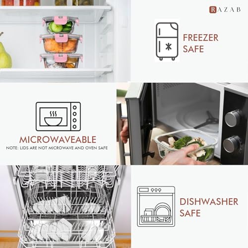 Image of Razab 30 PC Glass Food Storage Containers with Lids - Reusable Glass Meal Prep Containers for Lunch and Leftovers - Airtight & Leakproof Snap Locking Lids - Oven, Freezer, Microwave, Dishwasher Safe
