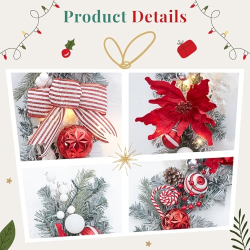 GarveeHome 6 Ft Pre-Lit Christmas Garland with Lights, Battery Operated Xmas Garland with 20 Lights Ball Ornaments Ribbons Bows for Mantle Table Centerpiece Indoor Outdoor Home Decor, Red and White
