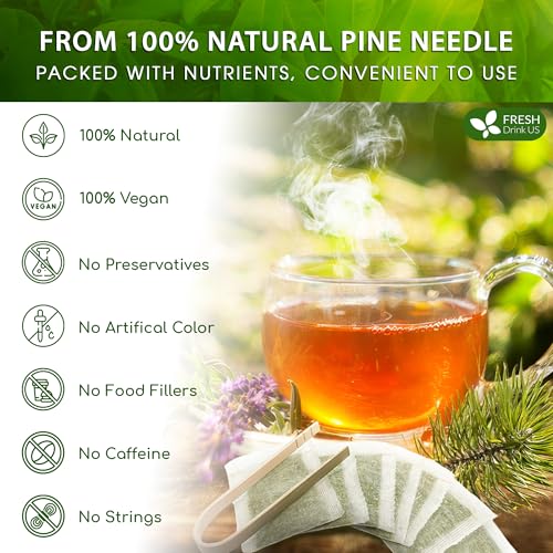 Image of FreshDrinkUS, Pine Needle Tea Bags - 135 Tea Bags, Naturally Caffeine-Free, Refreshing Herbal Tea, Wild-Harvested Pine Leaves, Aromatic and Soothing - Non-GMO & Eco-Friendly Packaging