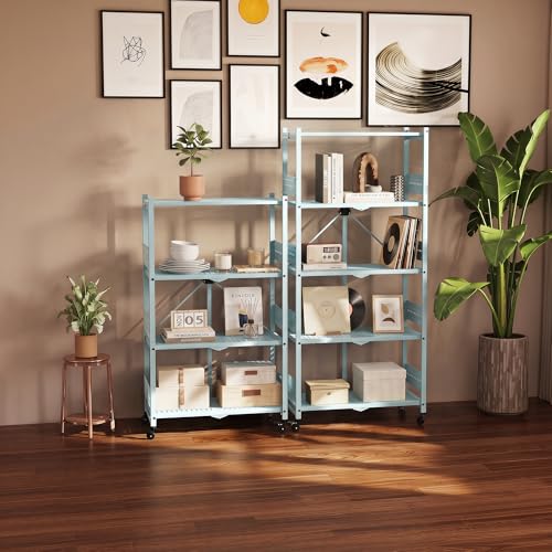 Image of WORKPRO 4-Tier Folding Shelf, No-Assembly Metal Storage Rack with Wheels, 600 lbs Capacity (with Leveling Feet), Collapsible Shelving Unit for Kitchen, Pantry, Closet & Craft Shows - Blue