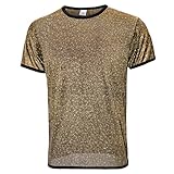 Mens Mesh Shirt with Glitter,Metallic Gold Sequin T-Shirt Sparkle Shiny Party Tops 70s Disco Shirts(Black Gold S)
