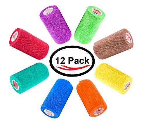 Image of 4 Inch Vet Wrap Tape Bulk (Assorted Colors) (Pack of 12) Self Adhesive Adherent Adhering Flex Bandage Grip Roll for Dog Cat Pet Horse