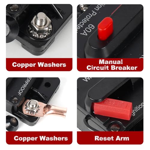 Tiwerlfe 60Amp Circuit Breaker with Manual Reset, Waterproof Inline Fuse for Boat Trolling Motor Marine ATV Trailer Vehicles Stereo Audio Electronic Battery Solar System, Suitable for 12V-48V DC