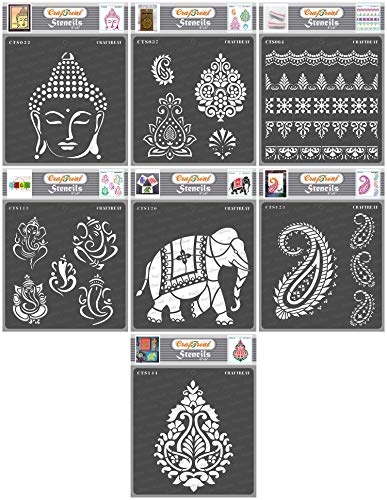 CrafTreat Indian Stencils for Painting on Wood, Wall, Tile, Canvas, Paper and Floor - Indian Theme Bundle - 7 Pcs - 6x6 Inches each - Reusable DIY Art and Craft Stencils - Indian Decor Stencils