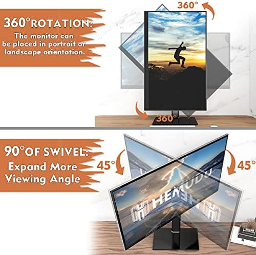 Single Monitor Stand Freestanding 27-43 Inch Monitor Arm Curved Screen Monitor Mount Tempered Glass Base Adjustable Motion Tilt -15° to 10° Swivel ±45° Rotation 360° Weight Capacity 77lbs HT05B-003P