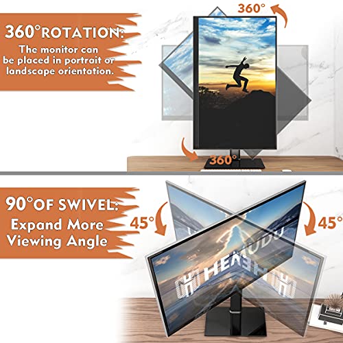 Single Monitor Stand Freestanding 27-43 Inch Monitor Arm Curved Screen Monitor Mount Tempered Glass Base Adjustable Motion Tilt -15° To 10° Swivel ±45° Rotation 360° Weight Capacity 77Lbs Ht05B-003 #TOP2
