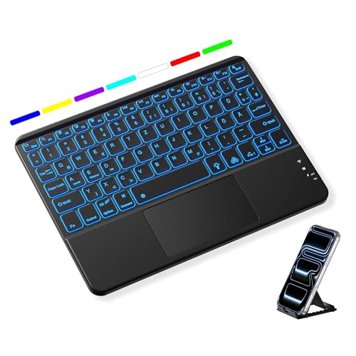 Vobafe Bluetooth Tastatur mit Touchpad, Kabellose 7-farbiges Backlight QWERTZ Tablet Keyboard, Traleicht iPad Tastatur Kompatibel mit iOS/Windows/Android, für Smartphone/Tablet/Laptop/PC, Schwarz