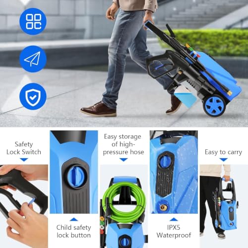 Image of Electric Pressure Washer 5000PSI High Power Washer with 33ft Power Hose, 4 Nozzle and Foam Cannon, for Home, Cars, Fences, Patio (Navy Blue)