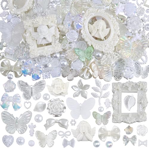 Kikonoke 350 Pieces 3D Resin Rose Flower Bows Butterfly Embellishments Angel Charms Picture Frame with Flatback Pearl Beads for Craft DIY Making Supplies (White)
