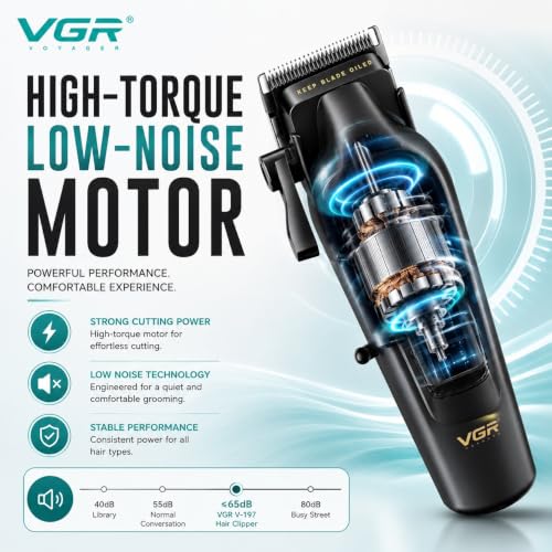 Image of VGR V-197 Professional Hair Clipper for Men | 7000 RPM High-Speed Motor | 200 Min Runtime | 2000mAh Lithium Battery | Ceramic & Stainless Steel Blade | USB Type-C Charging | LED Display | Adjustable Taper Lever | Corded & Cordless | 6 Guide Combs