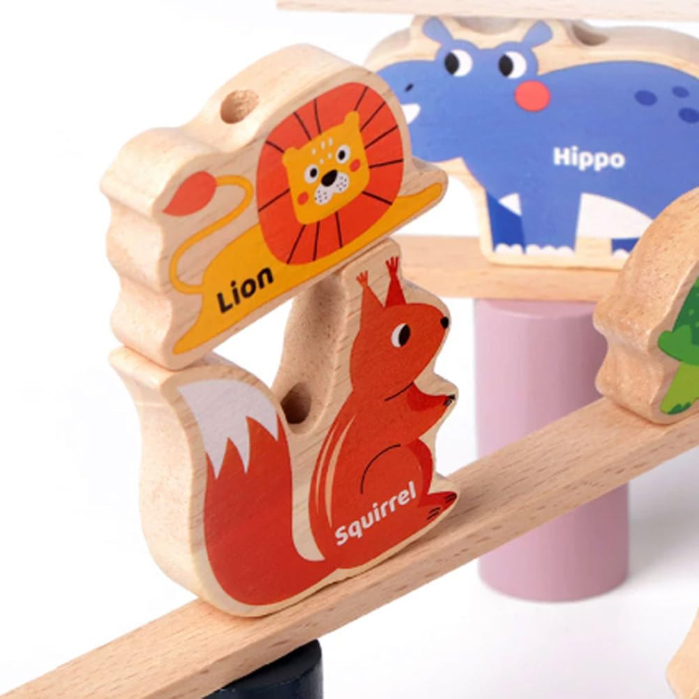 Juguete Montessori 2 en 1 de Madera para Apilar y Equilibrar Animales | Enhebrar cuentas apilar bloques, juego equilibrio animales bosque, juguete educativo habilidades motrices finas