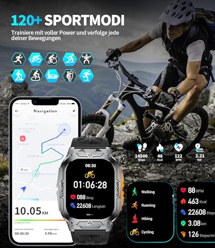 Smartwatch Herren Militär mit 1000mAh Akku/Telefonfunktion,Herzfrequenz/Schlafmonitor/IP68 Wasserdicht/2 Armbänders (Grau) – Ansicht 6
