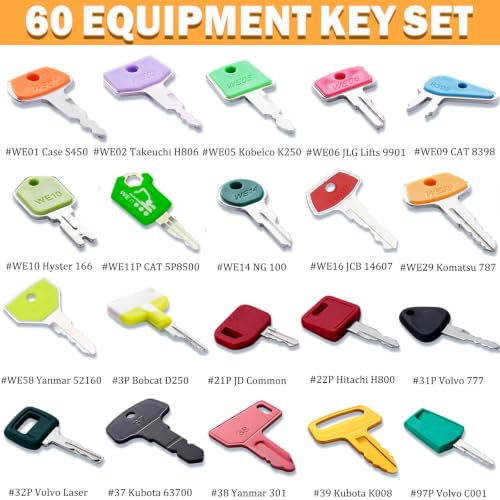 Image of 60 Construction Equipment Machinery Keys Heavy Equipment Master Keys Set | For CAT Caterpillar John Deere JCB Hyster Komatsu Kubota Takeuchi Volvo Yanmar Hitachi Construction Machine Operator
