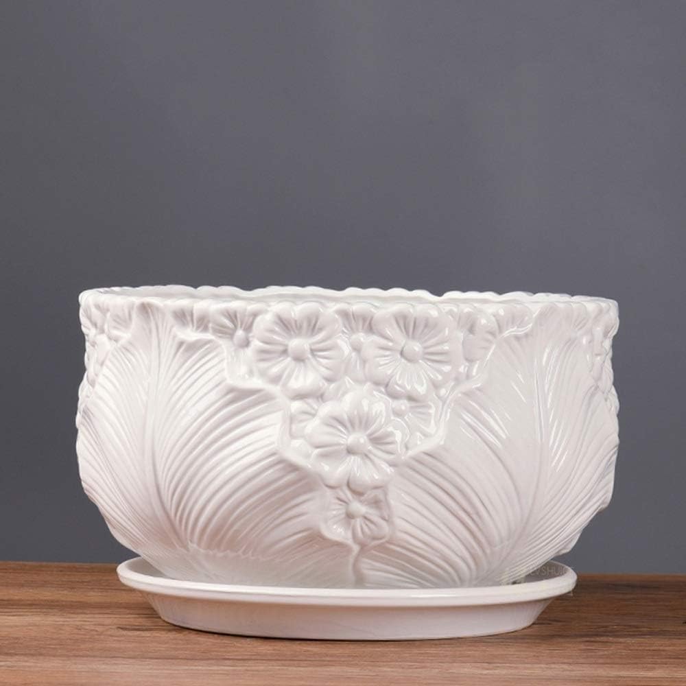 Biała ceramiczna doniczka z szerokimi ustami Bardzo duża nowoczesna okrągła balkonowa zielona doniczka Wewnętrzna ceramiczna biała doniczka ze spodkami Kreatywne różne wzory (kolor: styl 4) (styl 2)