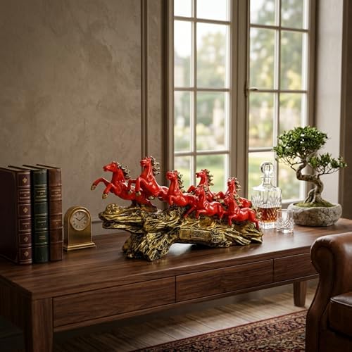 Image of eCraftIndia Golden & Orange Resin 7 Running Victory Horse Statue | Vastu Feng Shui Showpiece for Home Decor Office | Horse Figurine Good Luck Gift for Housewarming Birthday