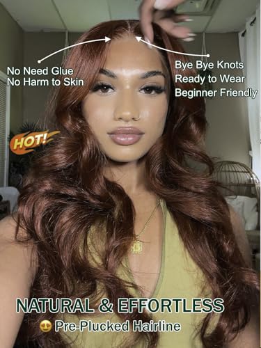 Image of KLAIYI Bye Bye Knots Glueless Wig Reddish Brown Body Wave 7x5 Pre Cut HD Lace Front Wigs Human Hair Put On And Go Wig Pre Bleached Pre Plucked with Baby Hair 30S Ready To Wear 150% Density Full 22Inch