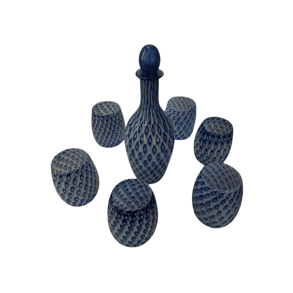 VETRERIA COLLEONI Original Murano Glass: Set Caraffa 800ml e Bicchieri Acqua 270ml, Vetro Soffiato a Mano, Tecnica Baloton Blu e Bianco, Design Unico Luxury