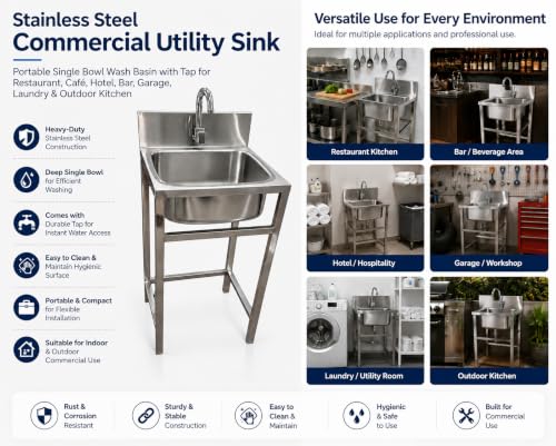 Image of Stainless Steel Commercial Utility Sink with Tap - Portable Single Bowl Wash Basin for Restaurant, Cafe, Hotel, Bar, Garage, Laundry & Outdoor Kitchen