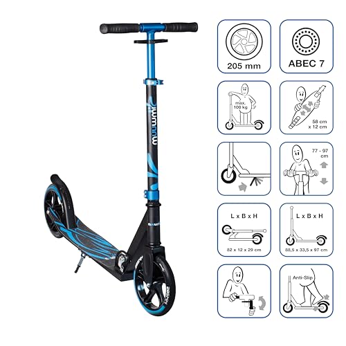 muuwmi Aluminium Scooter Plus - Tretroller, 205 mm, ABEC 7, GS-gepr&uuml;ft, h&ouml;henverstellbar, XL-Deck, blau-schwarz