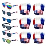 POPCIEL Bulk Memorial Day 4th of July Accessories, Patriotic Red/White/Blue Hat Glasses, 6 American Patriot Flag Hats Patriotic Hairy Headband and 6 American Flags Sunglasses for Costume Party Props