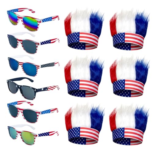 POPCIEL Bulk Memorial Day 4th of July Accessories, Patriotic Red/White/Blue Hat Glasses, 6 American Patriot Flag Hats Patriotic Hairy Headband and 6 American Flags Sunglasses for Costume Party Props